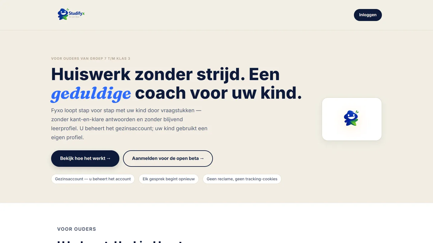 De Studifyx-website met de kop 'Huiswerk zonder strijd. Een geduldige coach voor uw kind.'